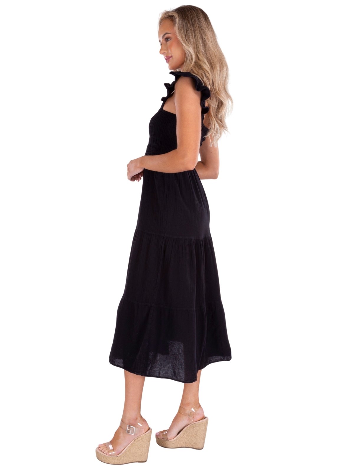'Christina' Ruffle Sleeve Dress Black - Seaspice Resort Wear