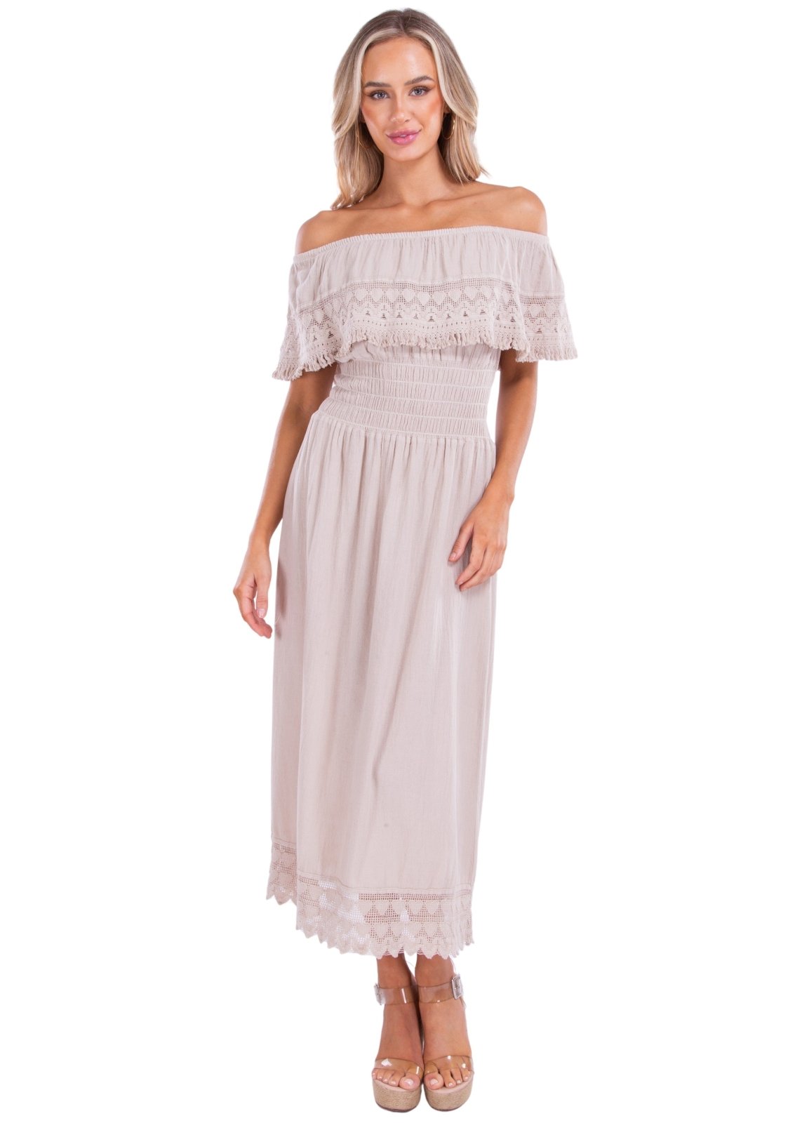 'Constance' Off Shoulder Maxi Dress Baby Beige - Seaspice Resort Wear